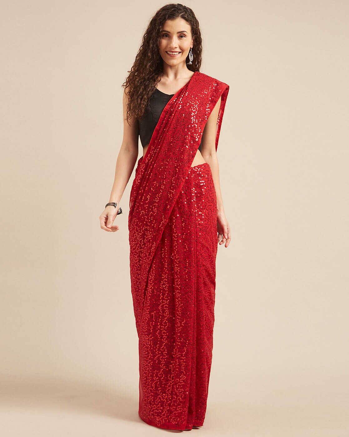 Gul floral Sequin saree with Pearl hand embroidered Pallu end. - Nitya Bajaj