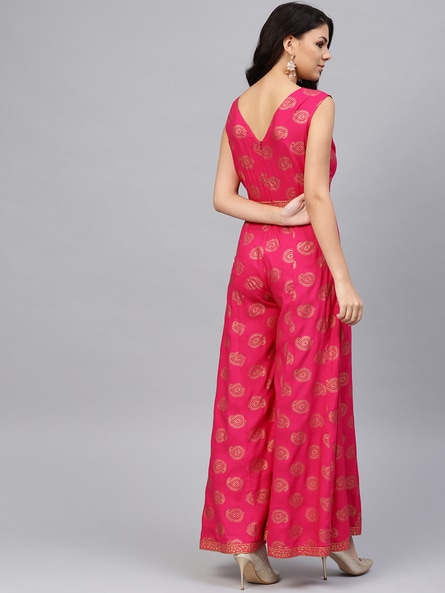 MABISH by Sonal Jain Women Pink  Golden Printed Basic Jumpsuit   Absolutely Desi