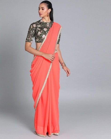 Peach Colour Organza Fabric Partywear Embroidered Saree - KSM PRINTS -  4192818