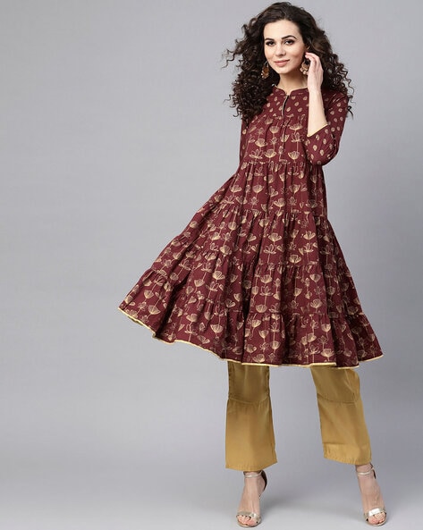 Aks Floral Print Flared Kurta