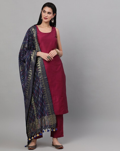 Buy Ivory Gota Applique Cotton Sleeveless Kurta with Pants and Powder Pink  Organza Dupatta Set of 3 Online at Jayporecom