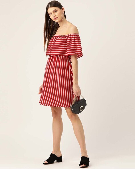 Red and white striped off the shoulder to hot sale