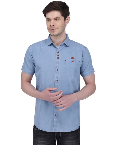 Half Sleeve Mens Slim Fit Denim Shirts Men Short Sleeves Slim Fit