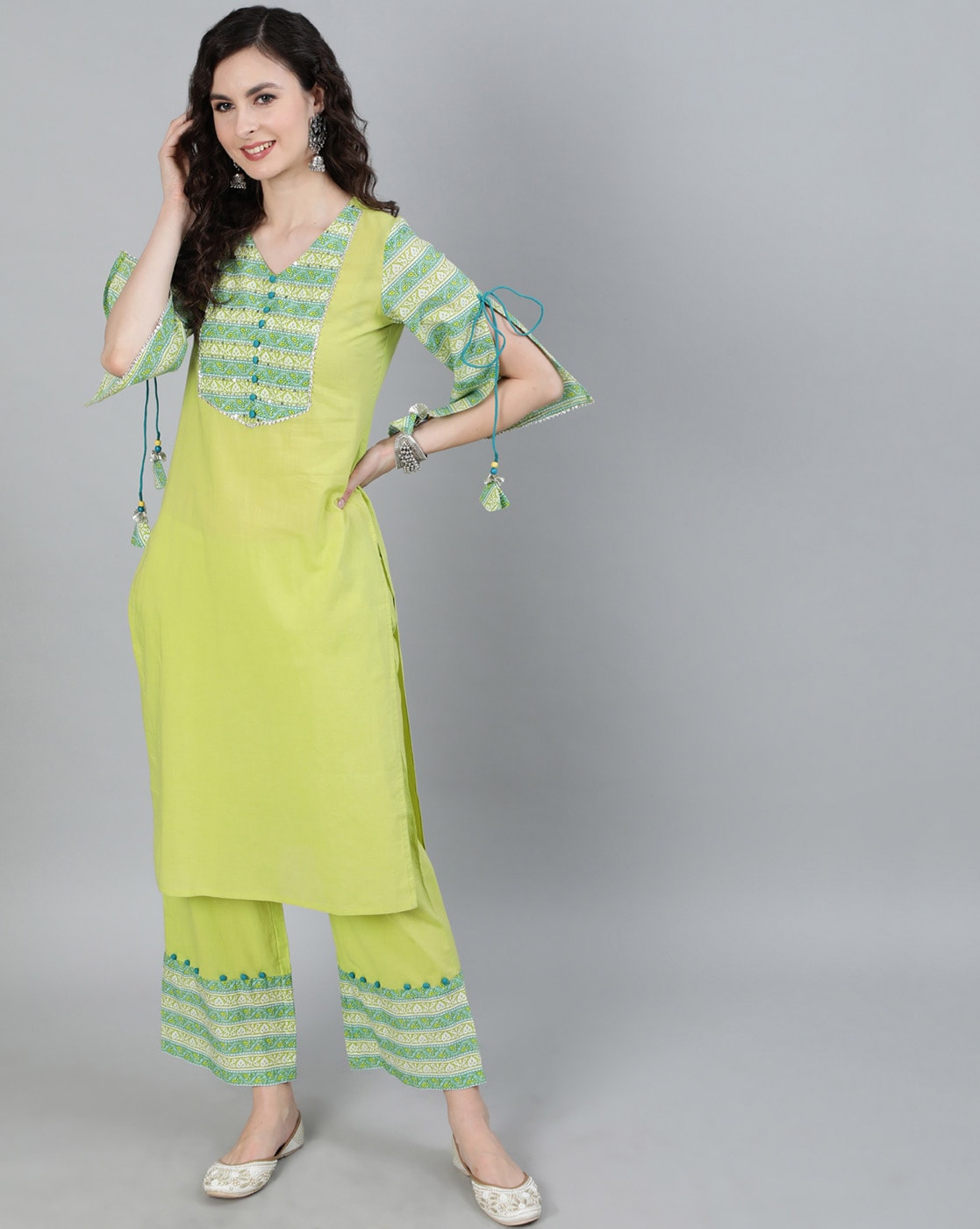 Buy NOZ2TOZ Women's Batik Print & Mirror Straight Chanderi Parrot Green  Stitched Kurta With Dupatta Online at Best Price | Distacart