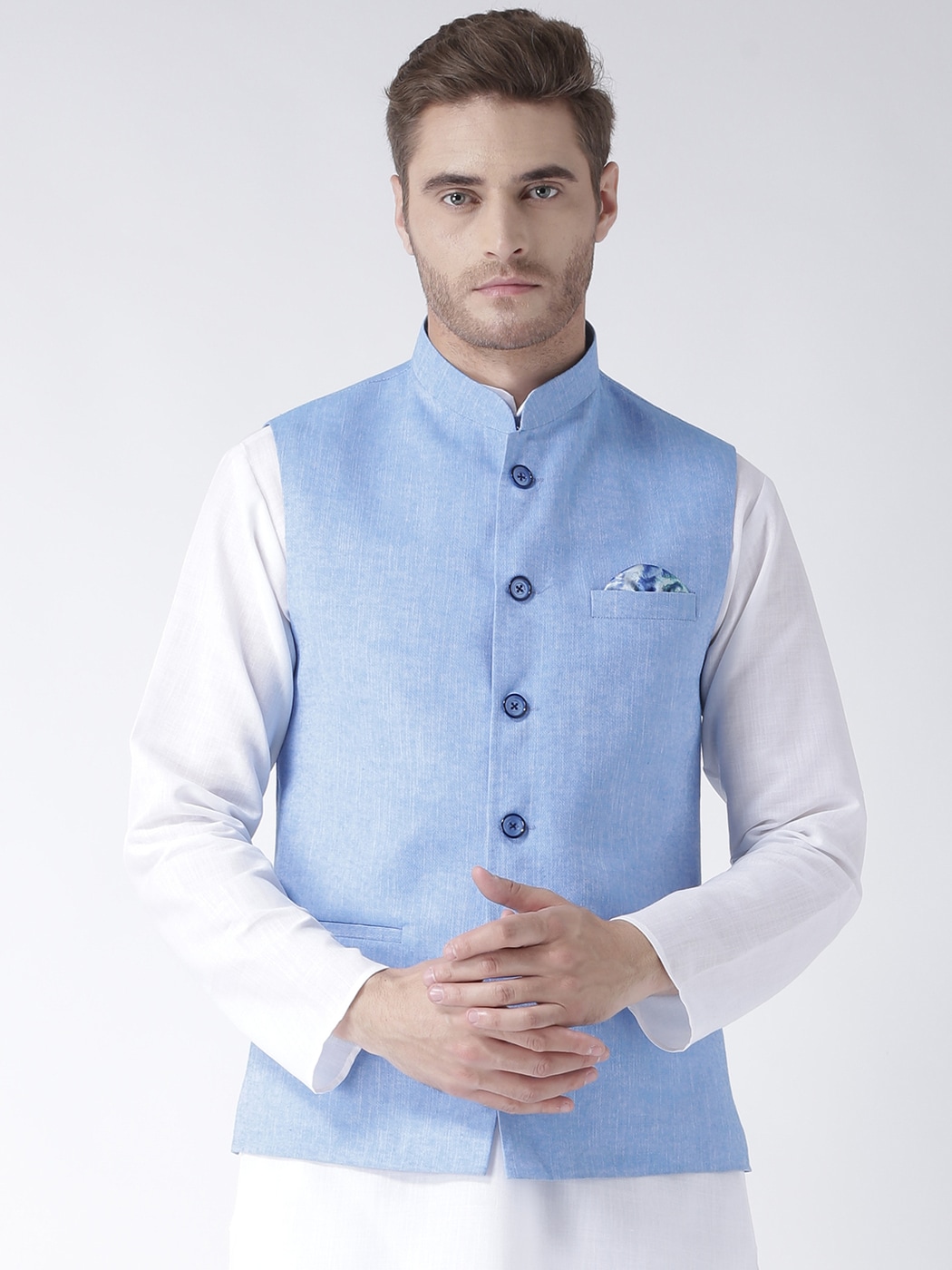 Blue Plain Cotton Stitched Nehru Jacket And Trousers - Hangup - 3022260