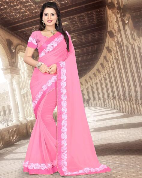 Pure Georgette Saree Sari Solid Plain Colour with Blouse Material Baby Pink  | eBay