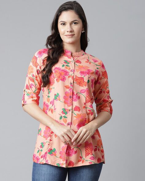 Floral Print Mandarin Collar Top