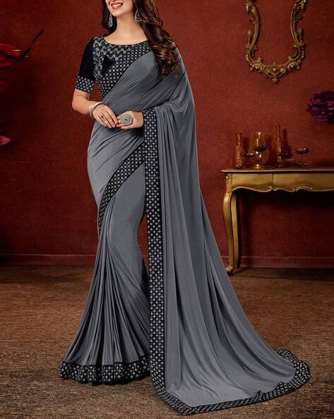 Party Wear, Reception Black and Grey color Georgette fabric Readymade Saree  : 1883835