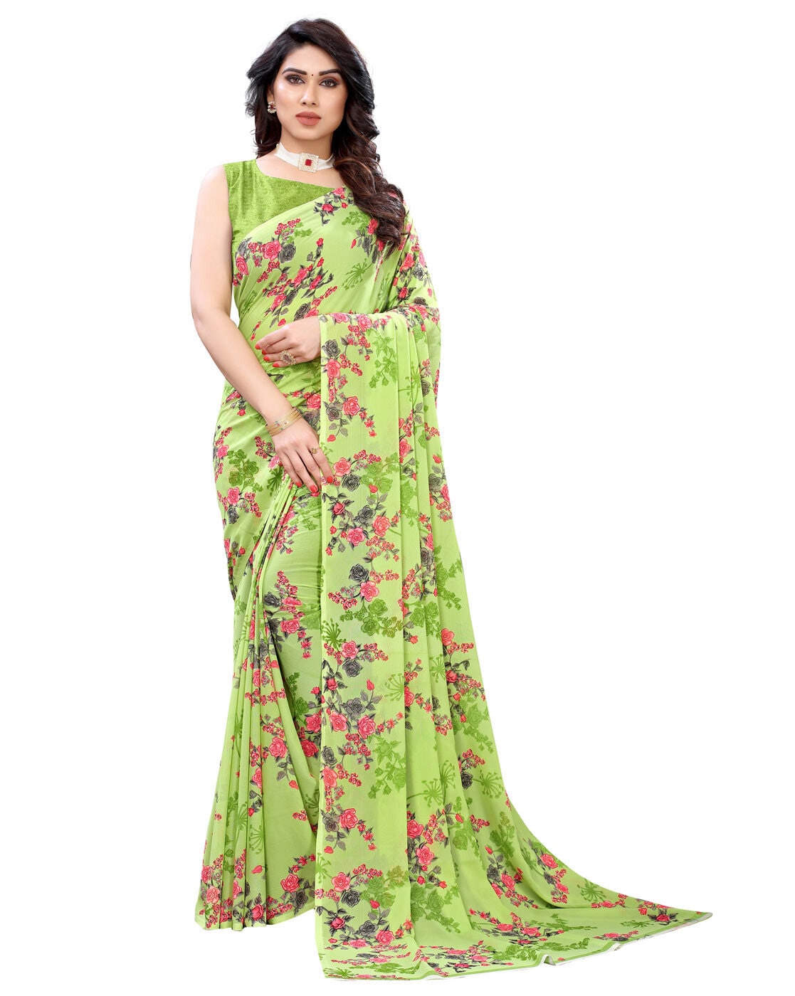 Light Green Floral Foil Print Organza Silk Saree With Designer Blouse –  SHANGRILA DESIGNER