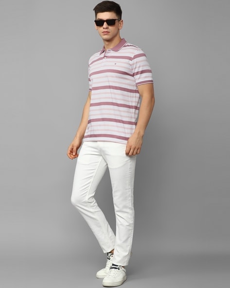 Louis Philippe Sport Striped Men Polo Neck Navy Blue, Pink T-Shirt