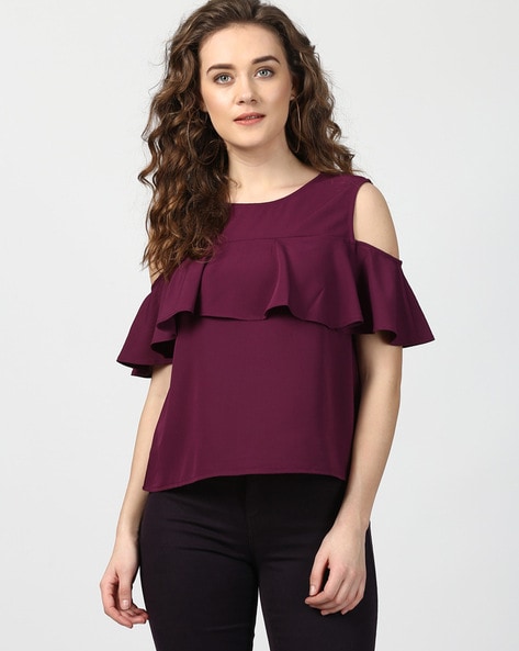 Cold-Shoulder Top with Ruffle Overlay
