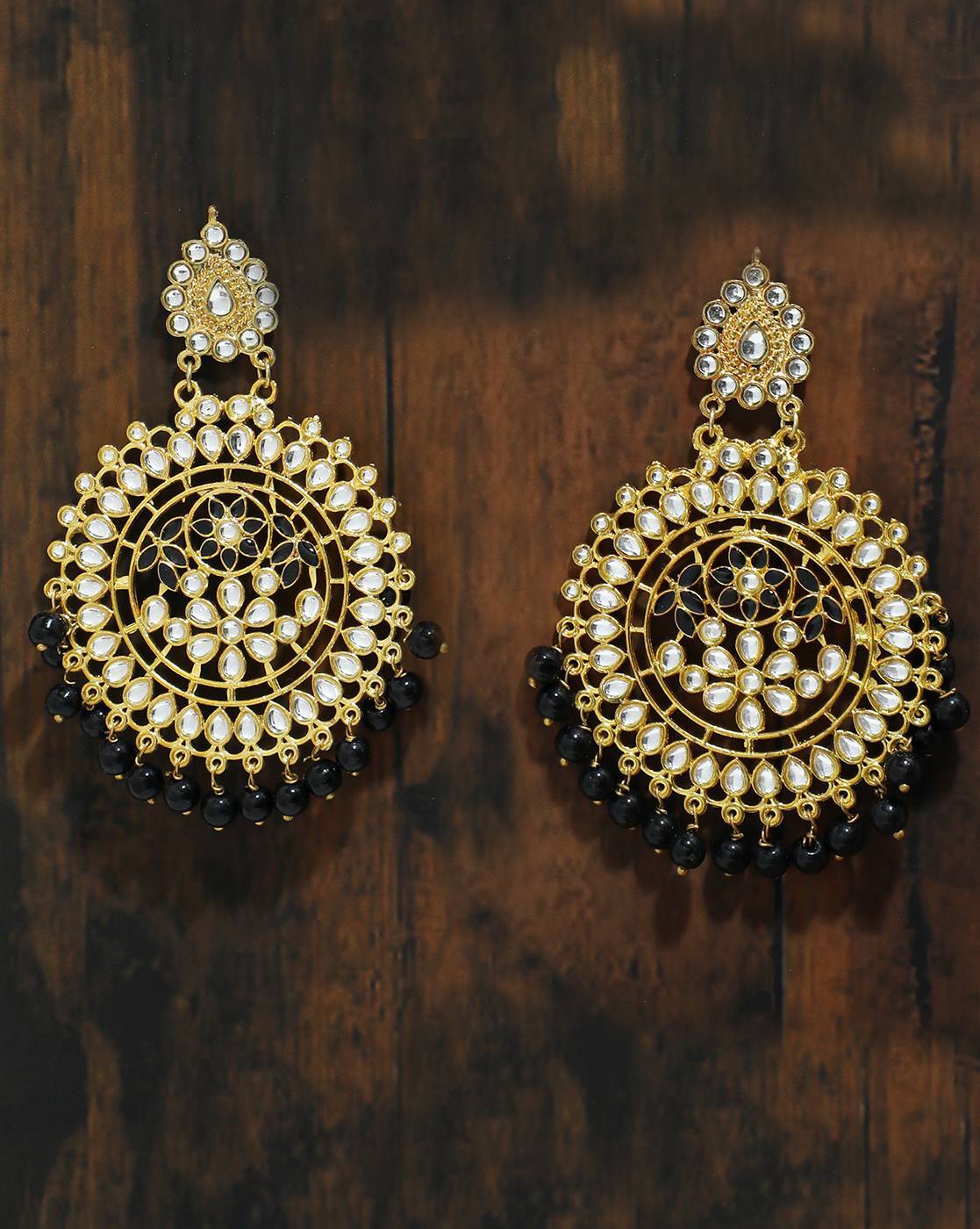 Black Meenakari Chandbali Embedded Kundan Pearl Gold Earrings – Bollywood  Wardrobe