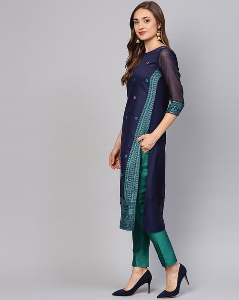 Jaipur Kurti Lingerie Jaipur Kurti Women Navy Blue Ethnic Pirnt Straight  Cotton Short Kurta With Pyjamas (Set Of 2) Online | Nykaa Fashion.
