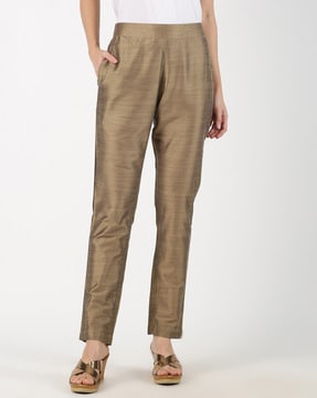 Buy JUNIPER Gold Solid Slim Fit Silk Blend Womens Casual Trousers   Shoppers Stop