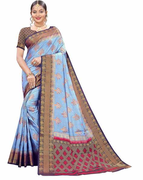 Blue Bullock Cart Village Scene Women's Khadi Silk Printed Saree With Blouse  Piece