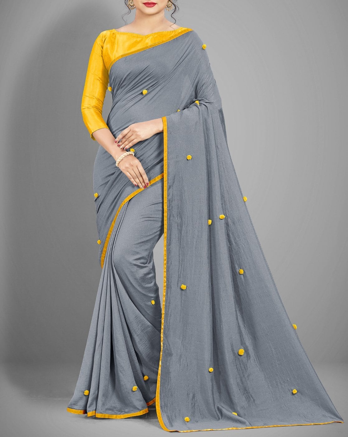 Vishal Prints Yellow And Cool Grey Brasso Saree With Foil Print And Ja