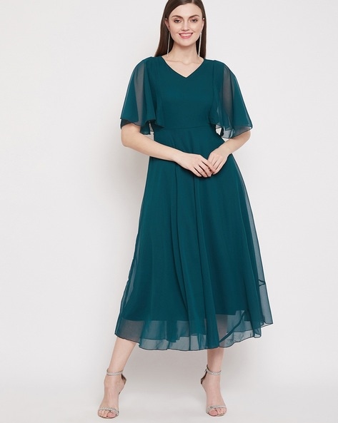 SLAY. Women's Enzyme Washed Light Blue Denim A- Line Long Dress