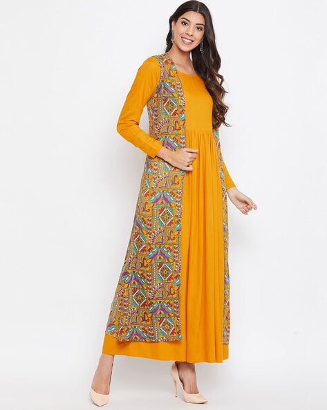 Yellow Drape Gown With Detachable Dupatta And One Sided Jacket
