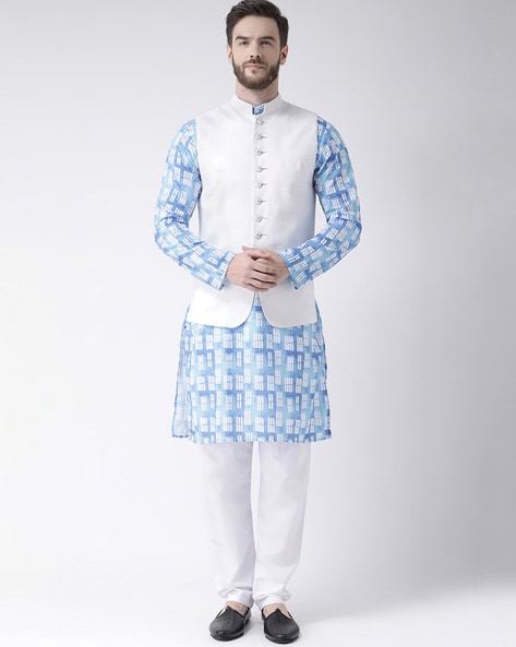 Blue kurta with top white jacket