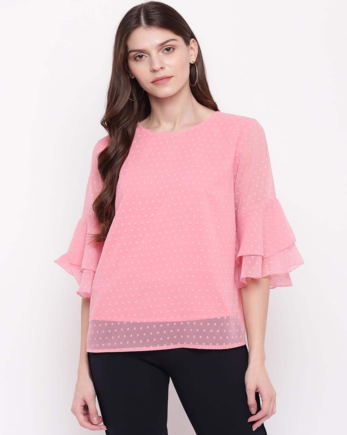 andmary Lala shirring ribbon tops pink Stylish Trendy Fashionable