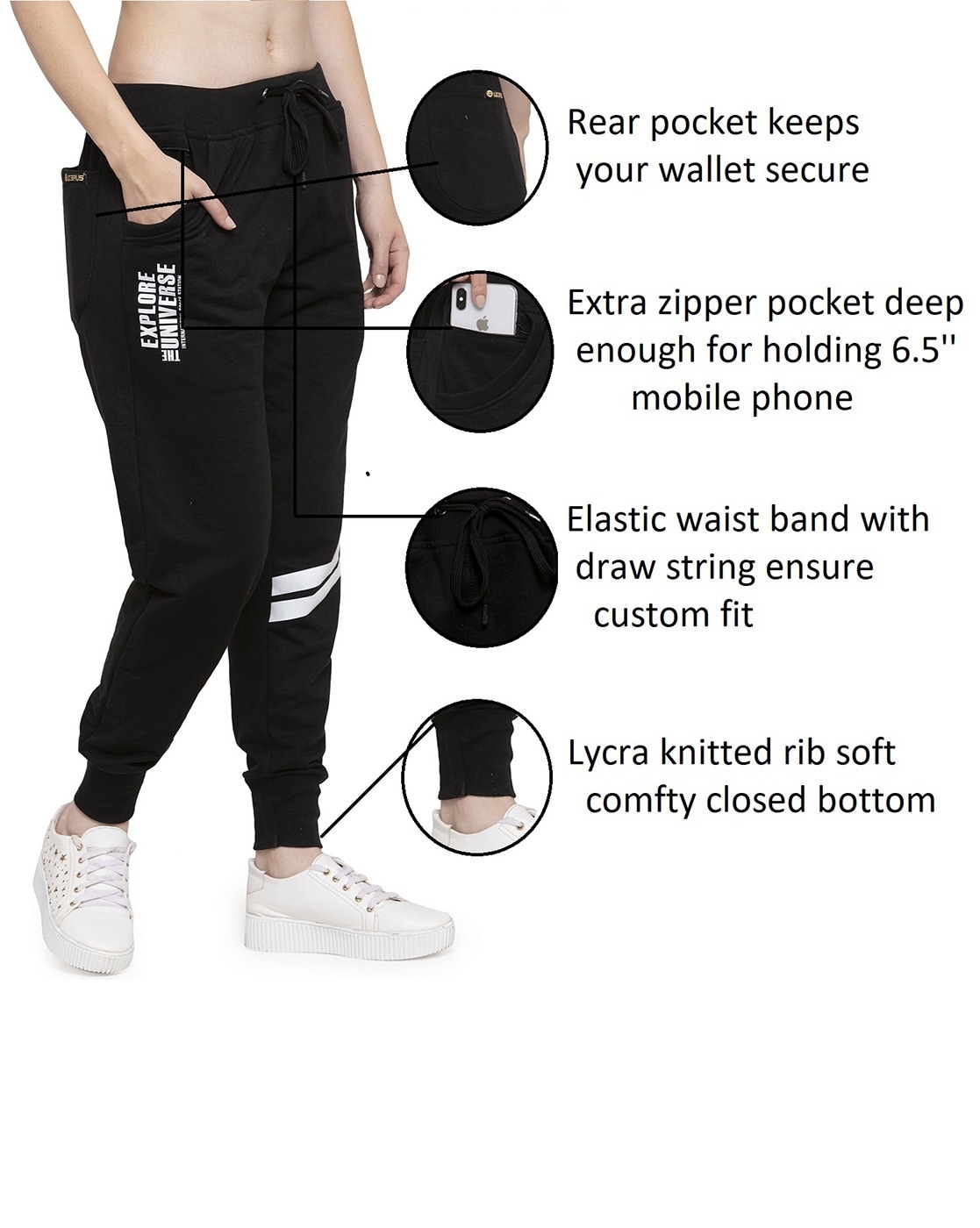 Women's Cotton Slim Fit Joggers Track Pants with 2 Zippered Pockets