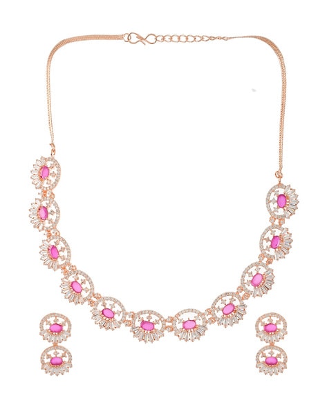 White Gold Plated Ruby Pink Diamond Necklaceset With Statement 