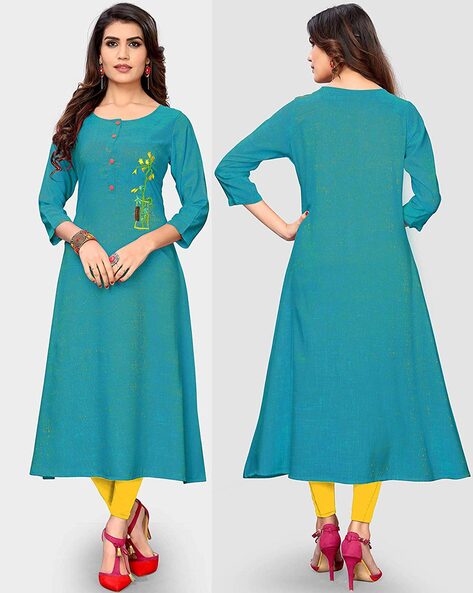 Sky blue cotton flux kurti with embroidery