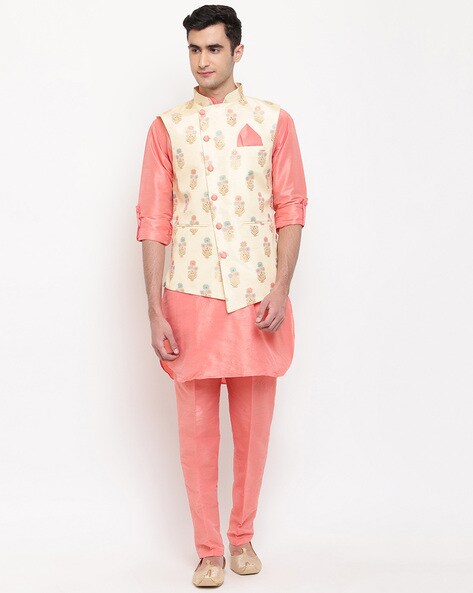 Attractive Peach Nehru Jacket Set With Thread Work