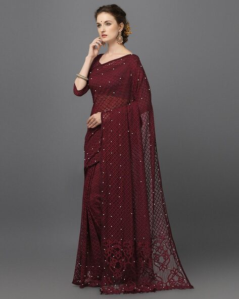 Beige & Burgundy Georgette Kaleen Printed Saree Set Design by Tarun  Tahiliani at Pernia's Pop Up Shop 2024