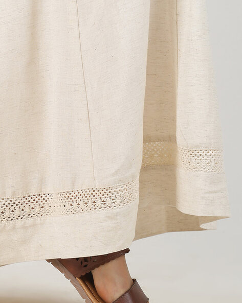 White Solid Flared Palazzo with Lace Inserts on Hem - Saffron Threads