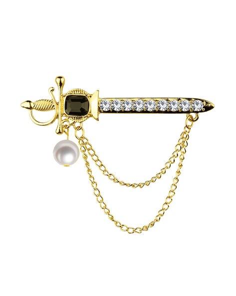 Stone Studded Brooch with Dangling Chain