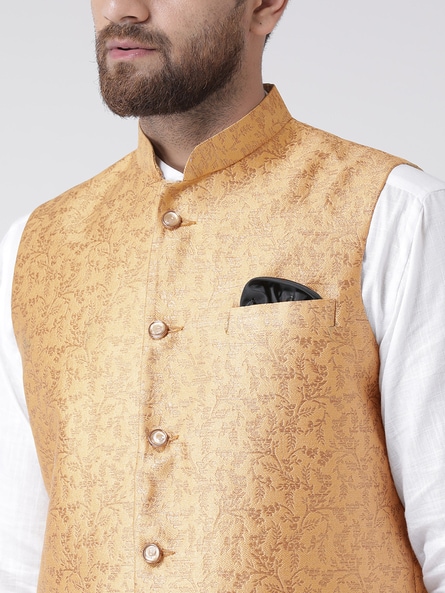 Alluring Cream-Golden Banarasi Silk Half Jodhpuri Jacket with Silk Kur –  Desioz