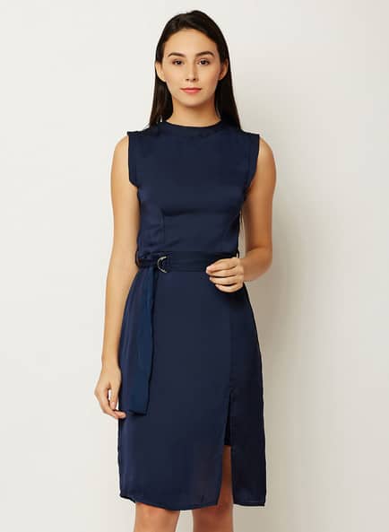 High-Neck Shift Dress with Fabric Belt