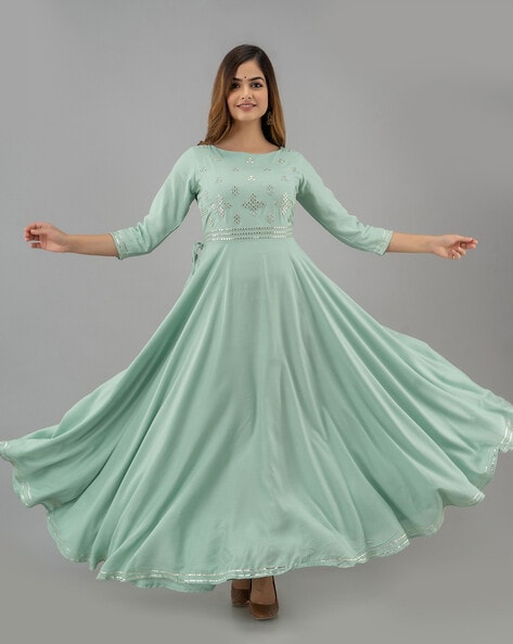 Latest Gorgeous Light Green Thread Embroidered Ready-Made Pleated Gown -  Best Seller For Women Clothes