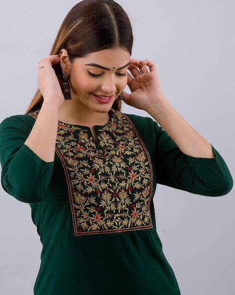 Indian Women Green Embroidered Yoke Design Kurta with Trousers & With  Dupatta | eBay
