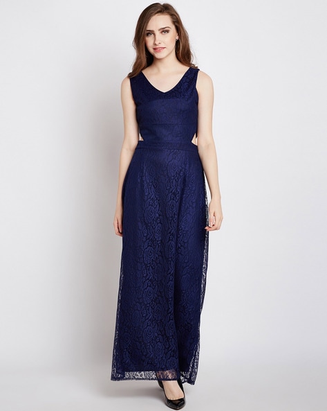 Yumi Blue Lace Dress With Pleated Skirt and Belt | Yumi