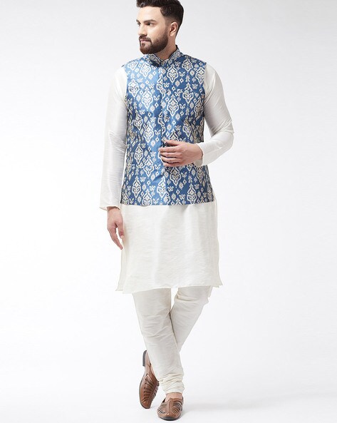 Printed Blue Jacket with Gold Kurta Set – Bonsoir