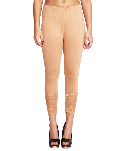 Womens Ladies 3/4 Cropped Leggings Wide Legs Floral Lace Trim Edge Pants  8-30 | eBay