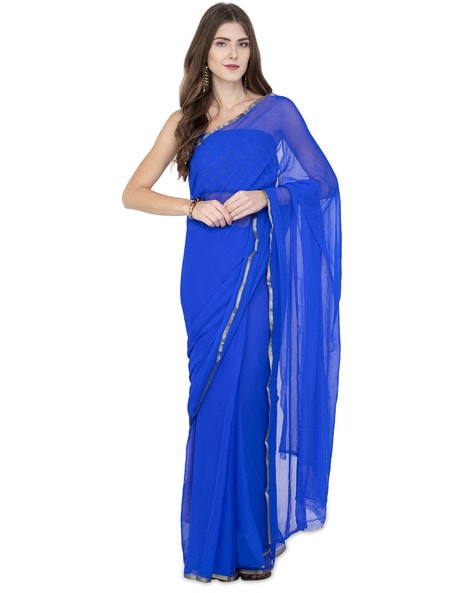 Buy Silk Icon Women Linen Royal Blue Saree With Plain Zari Border Running  Blouse Piece at Amazon.in