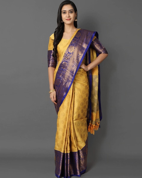 Mustard Yellow Tussar Silk Saree With Purple Border and Pallu – Thearyavart