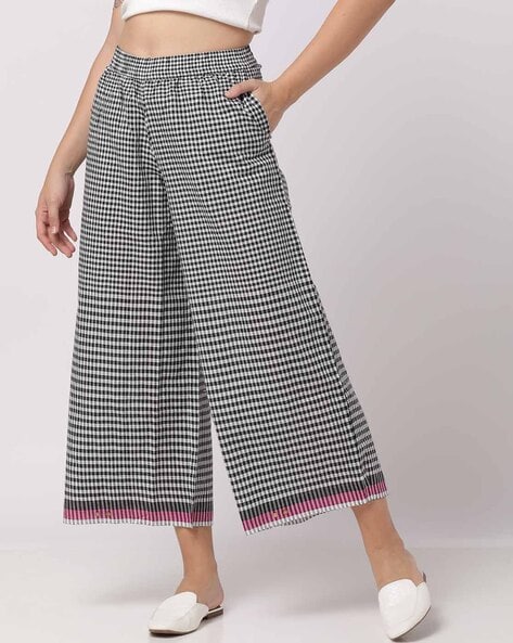 Checked Flared Palazzos with Drawstring Waist