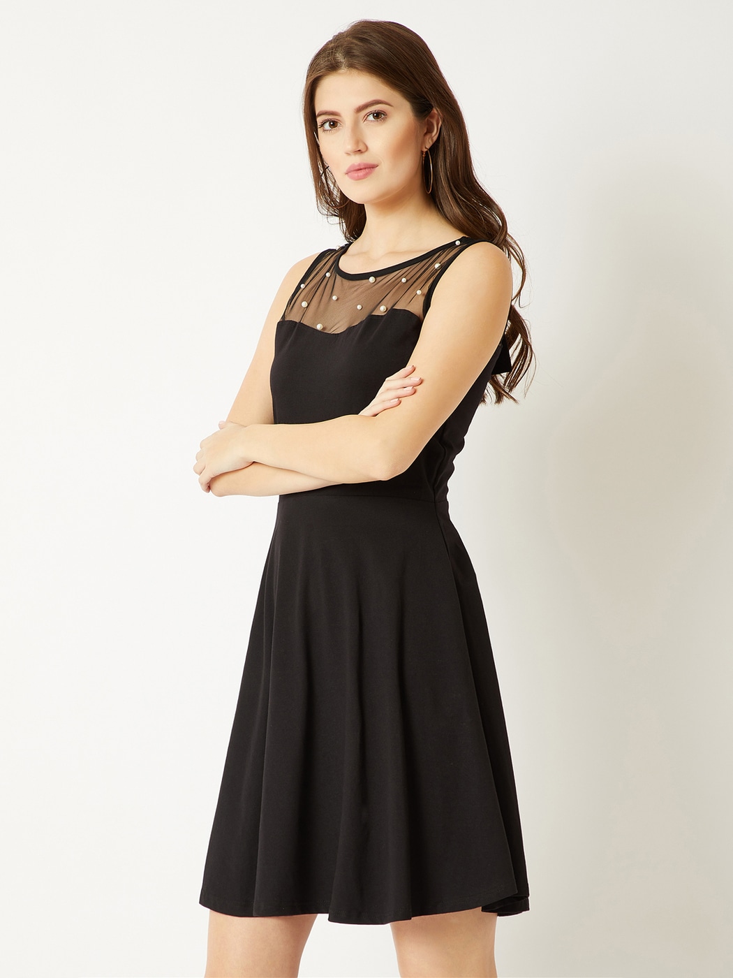 Buy Black Crepe U Neck Skater Dress For Women by B'Infinite Online at Aza  Fashions.
