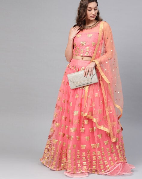 Pink & Yellow Semi-Stitched Myntra Lehenga & Unstitched Blouse with Dupatta  | Lehenga, Party wear lehenga, Green lehenga