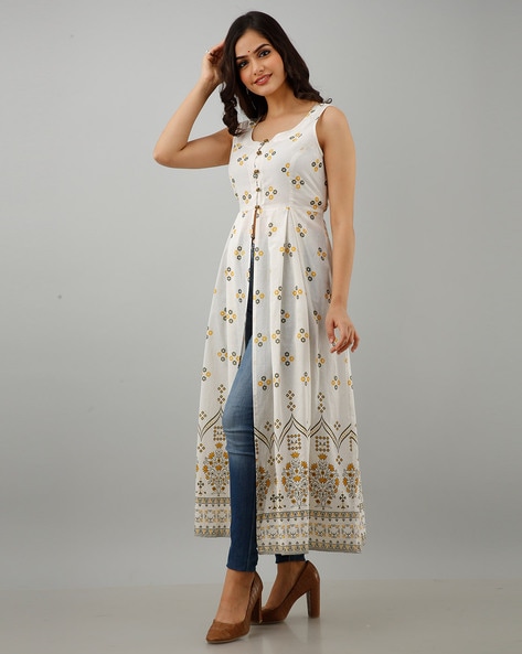Buy Multicolored Printed Modal Rayon Sleeveless Front Slit Kurti Online in  India | Colorauction