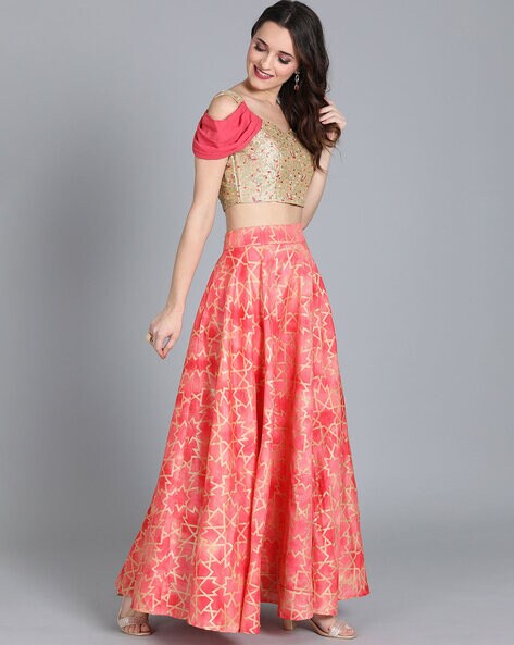Buy Peach Lehenga Online in USA with Cold Shoulder Blouse and Dupatta –  Pure Elegance