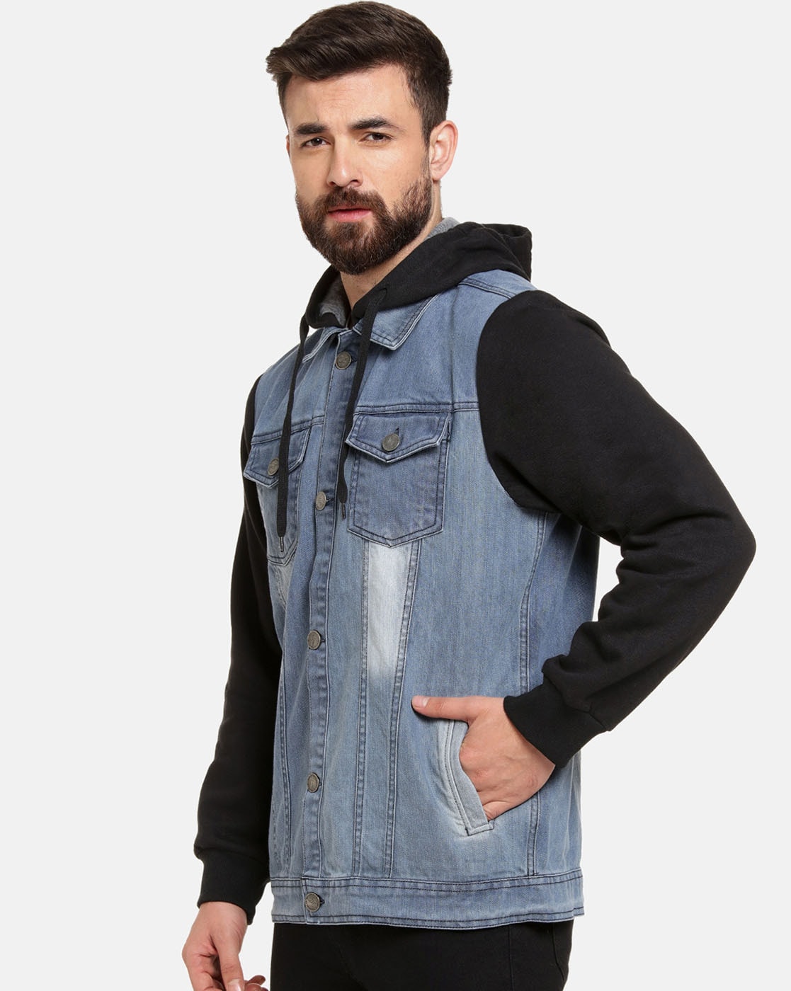 Wholesale Campus Sutra Men's Light-Washed Blue & Black Regular Fit Denim  Jacket For Winter Wear | Hooded Collar | Full Sleeve | Buttoned | Casual Denim  Jacket For Man | Western Stylish
