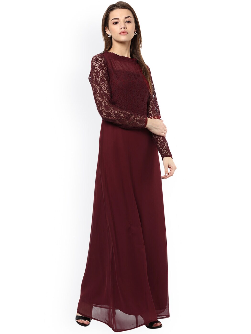 Satin Lace Burgundy Evening Gown with Illusion Sleeves – loveangeldress