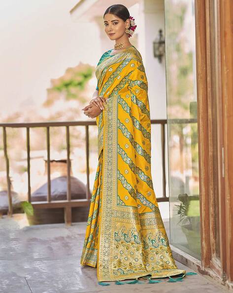 Maharani's Pure Banarasi Paithani Silk Saree - Yellow (with stitched P –  Maharani Collections