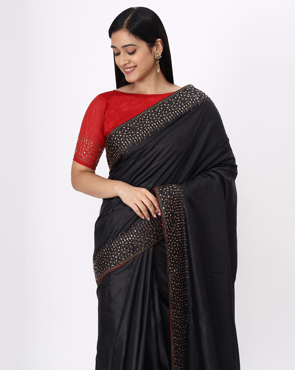 Vishal Prints Black Satin Saree With Stone Work