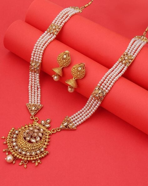 Long pearl necklace with navrathan pendant - Indian Jewellery Designs